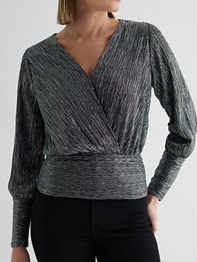 Metallic V-Neck Long Sleeve Surplice Top
